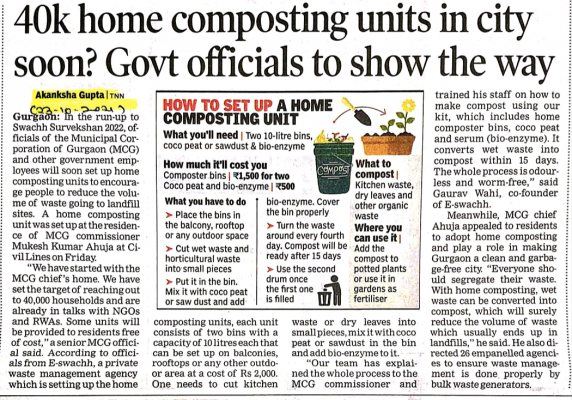 Press Coverages TOI CMC MCG on home composting with Eswachh