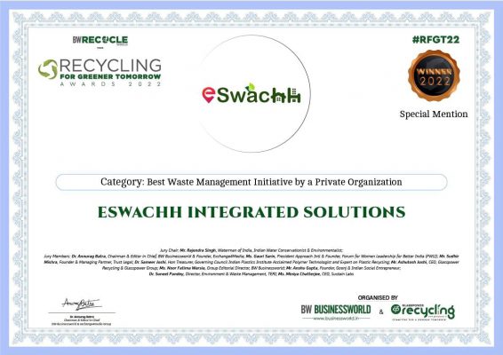 Eswachh Awarded Best Waste Management Initiative by a Private Organization